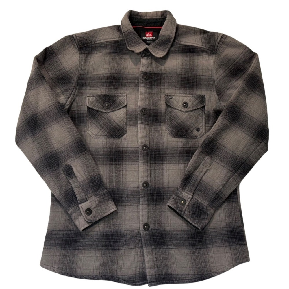 Quiksilver Flannel Shirt Mens Medium Plaid Gray Black Long Sleeve